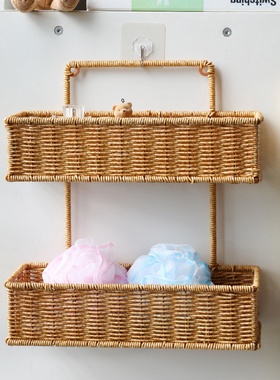 闲储浴室多层置物架免打孔卫生间挂墙整理筐阳台壁挂三层花篮仿藤