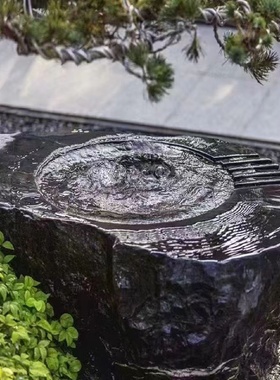 黑山石水钵中式花园景观石园林庭院造景黑色石头切片源头厂家