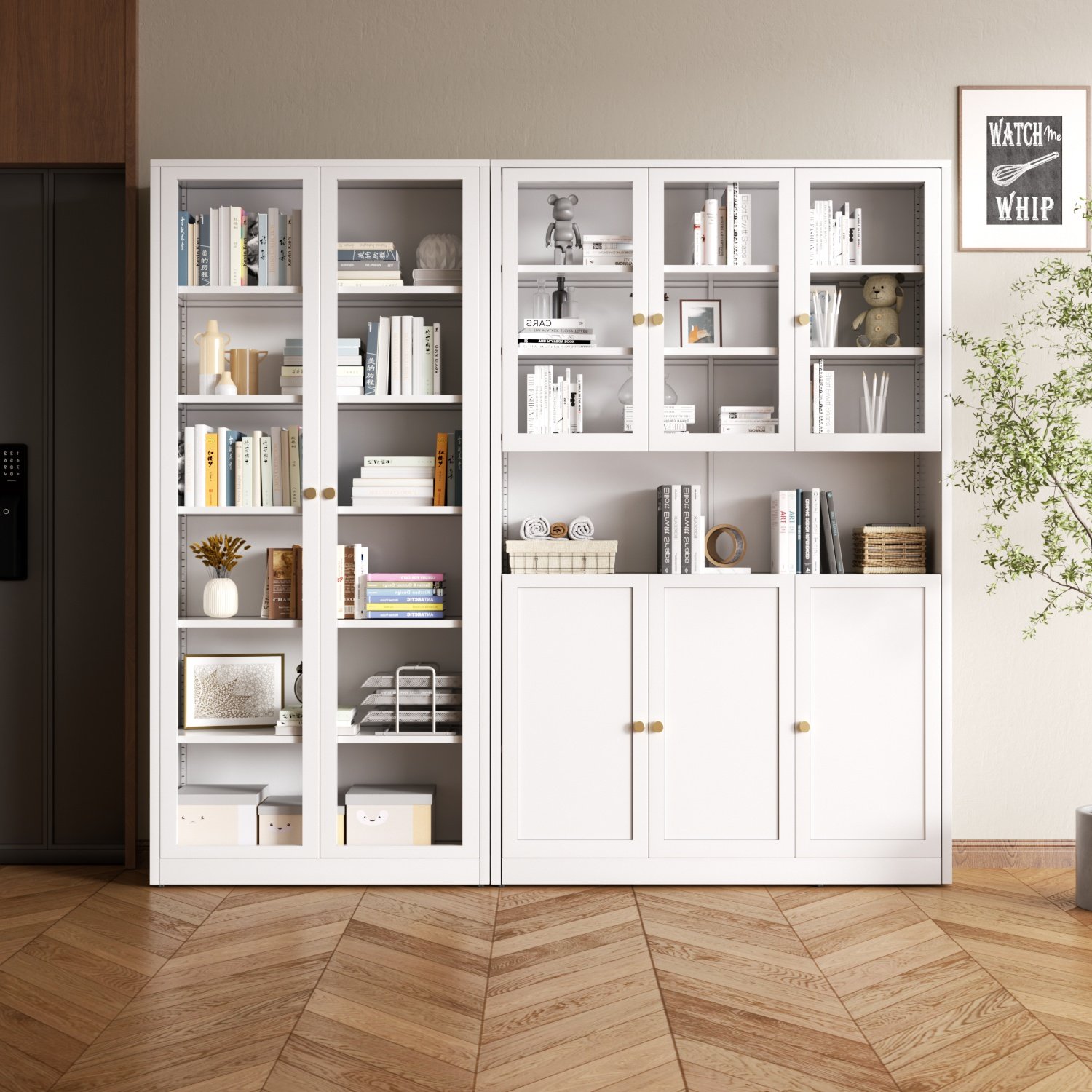 钢制家用落地书柜轻奢玻璃门展示柜儿童书架柜整墙到顶组合收纳柜