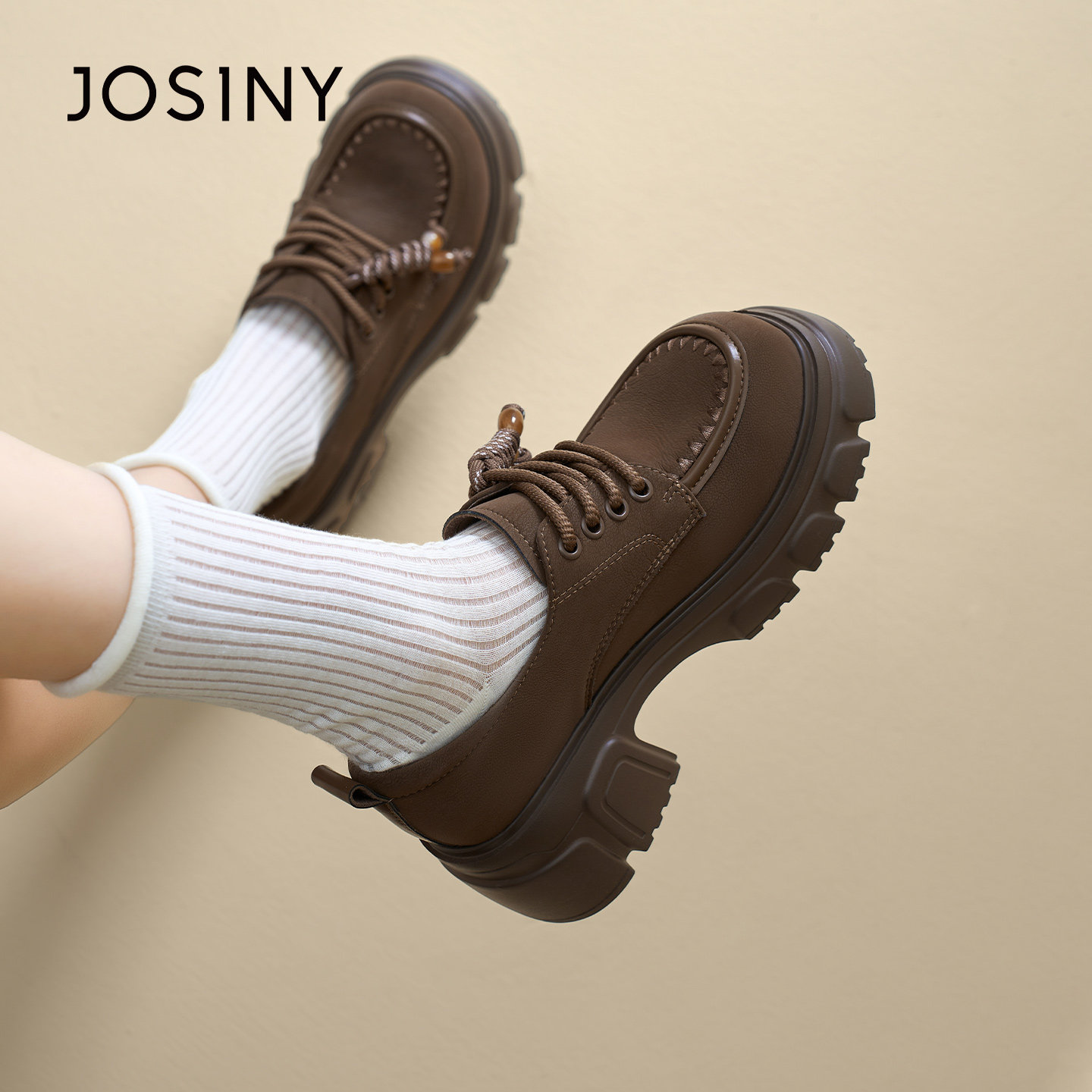 卓诗尼英伦加厚底显高深口系带单鞋女2026春季新款高跟乐福鞋女鞋,淘宝优惠券,粉丝福利购,淘宝优惠卷