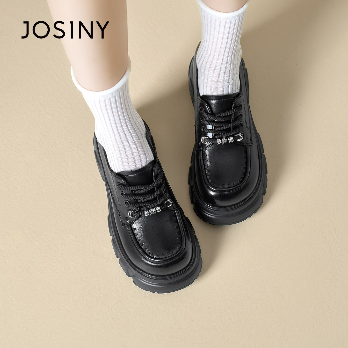 卓诗尼英伦加厚底显高深口系带单鞋女2026春季新款高跟乐福鞋女鞋,淘宝优惠券,粉丝福利购,淘宝优惠卷