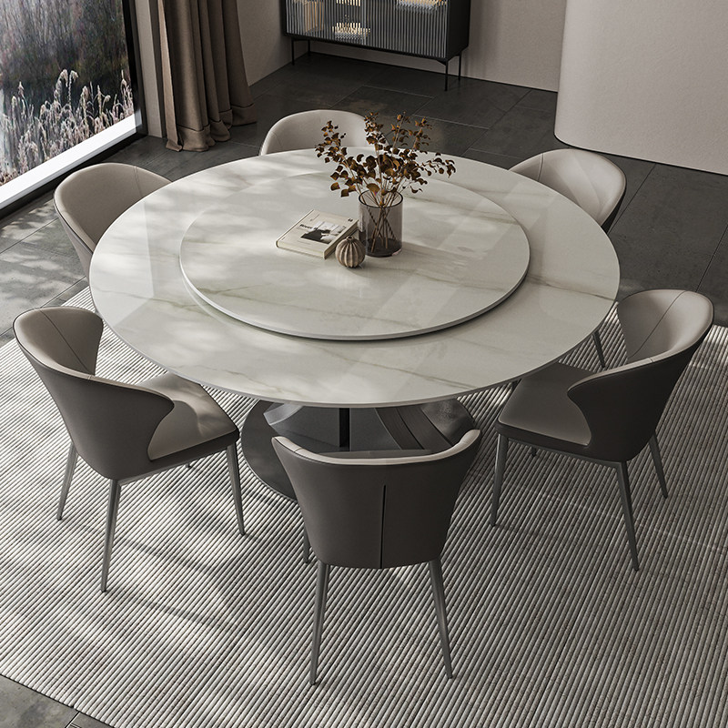 意式极简圆形亮光岩板餐桌椅组合简约现代圆桌带转盘6人家用饭桌,淘宝优惠券,粉丝福利购,淘宝优惠卷
