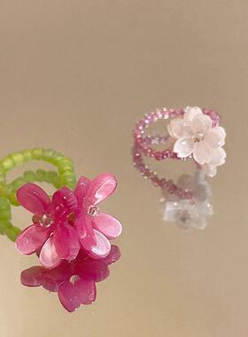 紫罗兰花朵戒指女生早春新款韩系食指戒弹力串珠闺蜜叠戴指环