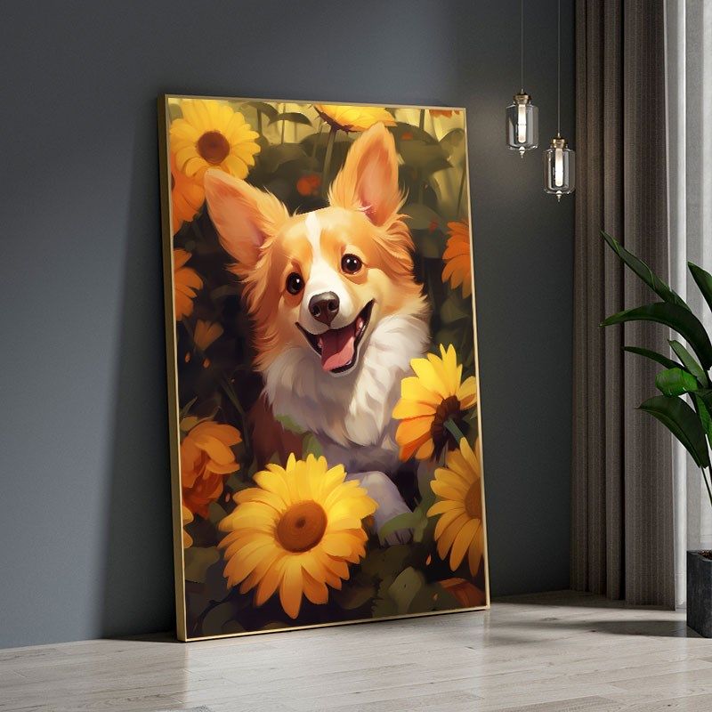 向日葵柴犬小狗狗装饰画治愈系动物客厅宠物店儿童房卧室床头挂画,淘宝优惠券,粉丝福利购,淘宝优惠卷