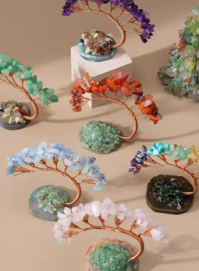 热销聚宝盆茶盏底座水晶发财树摆件桌面水晶生命树创意手工