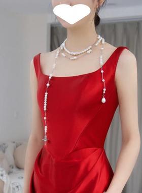 欧美秋冬长款珍珠多层流苏网红项链小众高级感不对称毛衣链颈链潮