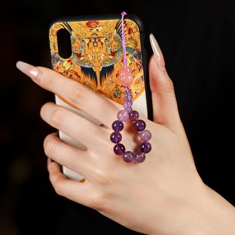 小清新草莓晶太阳石紫水晶指环扣手机挂绳盐源玛瑙挂件饰品女款 - 图2