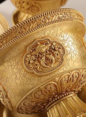 慧宝铜制供水杯八吉祥雕花家用办公圣水杯高脚八宝杯供水碗摆件