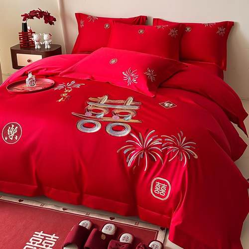 结婚四件套床上用品高档红色喜庆婚嫁婚房被套罩喜被床单2025新款 - 图0