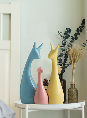 家居饰品陶瓷摆件三口之家鹿客厅电视柜工艺品装饰品摆设结婚礼物