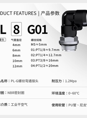 气管快速接头气动G螺纹弯头快插接直角带密封圈配件大全PL8-02/03