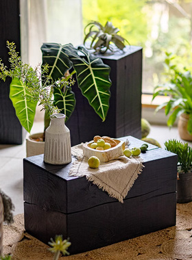 侘寂风实木方形黑色木墩仿古置物台架软装展示台民宿装饰摆饰