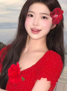 热情夏威夷~明艳红色蝴蝶兰发夹女花朵夹子海边度假发饰拍照出片
