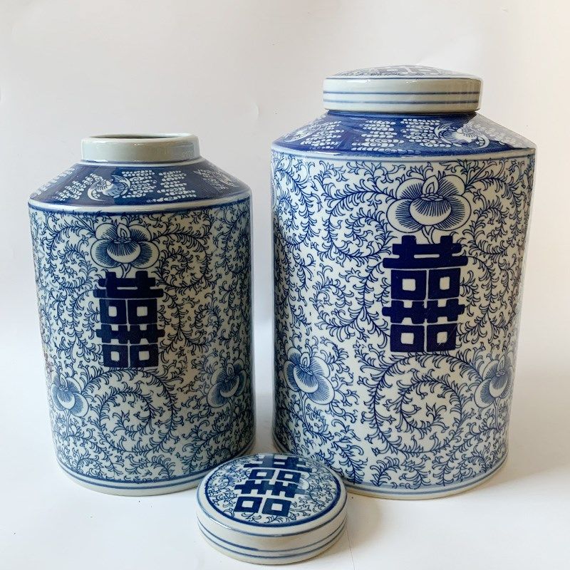 新中式古典青花瓷喜字陶瓷储物罐摆件家居玄关电视柜酒柜装饰花瓶,淘宝优惠券,粉丝福利购,淘宝优惠卷