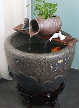 陶瓷鱼缸石槽古法养鱼水循环装饰陶罐流水造景摆件水池花园喷泉