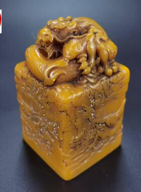 古玩收藏仿寿山石雕老田黄色浮雕九龙印章印面6*6CM客厅装饰摆件