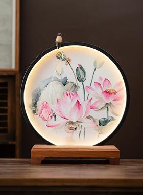 新中式LED佛龛背景灯 禅意客厅佛像展示台圆形发光般若心经灯摆件