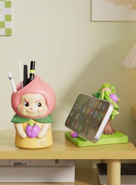 创意可爱桃子笔筒摆件办公室工位桌面手机支架治愈系教师节礼物