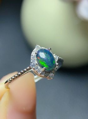 XBK黑，炫彩戒指欧泊纯银镶嵌mm