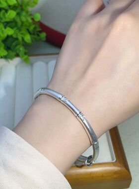 s999足银手镯女古法做旧竹节实心推拉手环复古时尚百搭高级感手饰