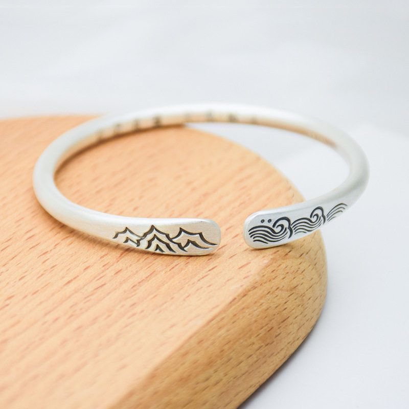 S9999纯银手镯女古法足银镯子年轻款中国风实心磨砂誓言开口镯子 - 图0