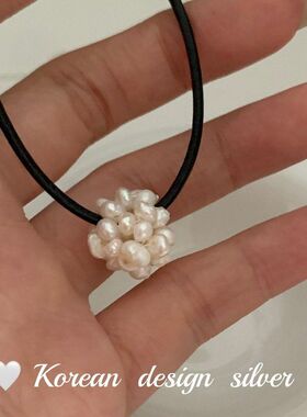鑫葆康锁骨黑色珍珠纯银花球皮绳