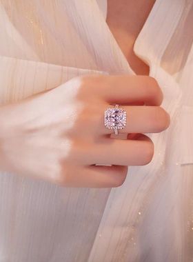 ins高级感戒指方形粉钻s925纯银