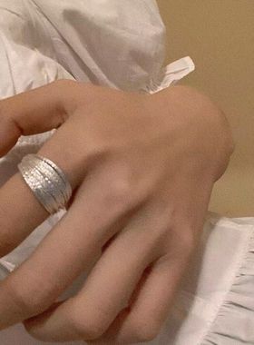 S925纯银实心多层细闪银线戒指小众设计重工款银开口戒时髦气质女