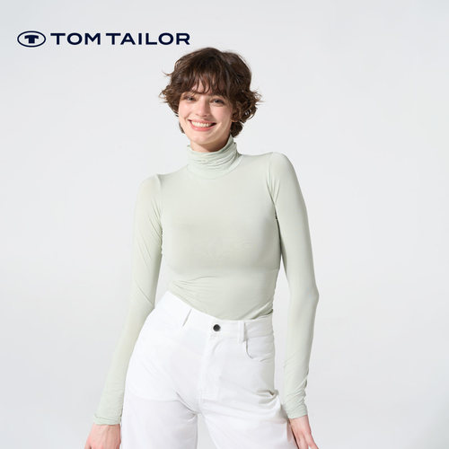 TOM TAILOR新款T恤女围脖领瑜伽健身休闲日常修身内搭高领打底衫 - 图2
