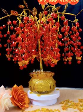 红果摇钱树琉璃水晶聚宝盆乔迁开业送礼桌面酒柜玄关招财装饰摆件