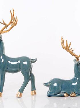 新中式陶瓷招财麋鹿摆件家居客厅玄关隔断书架桌面装饰品送礼摆设
