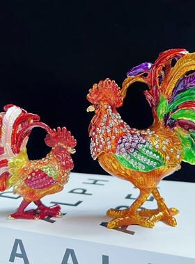彩釉公鸡摆件鸡鸣富贵吉祥如意招财母鸡合金镶钻首饰盒装饰礼品物