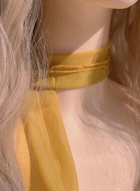 韩版气质百搭黄色玫瑰花朵纱巾窄围巾长款飘带颈带项圈绑带项链