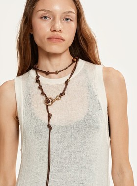 美拉德风棕色皮绳编织天然石项链女小众设计高级感秋冬多用毛衣链