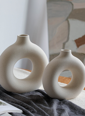 风白色素胚磨砂圆形瓶器环形干插客厅艺术饰品