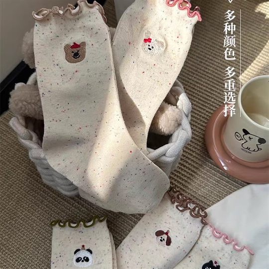 Cute socks for women in spring and autumn jacquard fungus cartoon mid-calf socks summer thin cartoon socks fungus edge pile socks