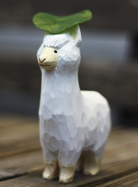 鹿妖商店 爱羊驼 纯手工天然木雕 实木动物雕塑 艺术家居