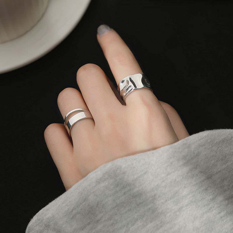 Japanese and Korean irregular concave and convex rings for women 925 sterling silver niche design hollow simple glossy opening index finger ring trendy