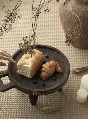 栗石侘寂风复古做旧实木果盘摆件中式创意托盘茶盘样板间茶几软装