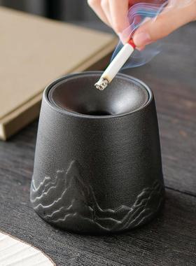 创意简约江山海浪陶瓷烟灰缸防飞灰家用黑陶建水茶盂水培花瓶装饰