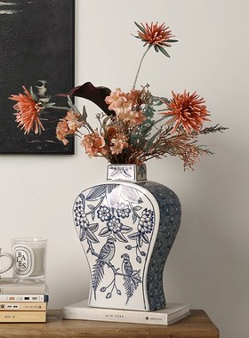 贝汉美青花瓷花瓶轻奢高级感陶瓷摆件新中式复古餐桌客厅插干花器