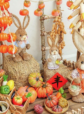 丰收主题造景橱窗摆设玉米柿子南瓜蒜挂饰挂串秋收幼儿园环创