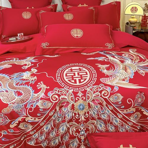 高级感新款龙凤刺绣婚庆四件套红色新婚被套床单高档结婚喜被床品 - 图0