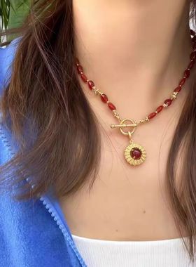 2026春夏新款红串珠项链高级感轻奢气质哑光质感时尚太阳锁骨链女