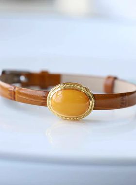 新款黄色椭圆蛋面棕色皮表带款手环鸡油黄色气质时尚百搭手链女