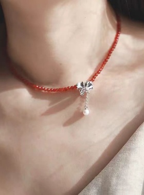 新中式珍珠花朵串珠项链百搭高级感优雅轻奢时尚小众锁骨链女款