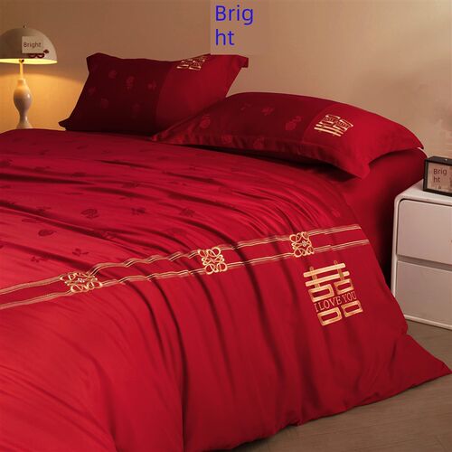 大红色婚礼四件套缎面提花被套婚礼床单亲肤棉加厚拉丝棉床上用品 - 图2