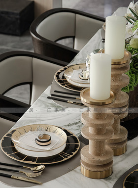 一匚 复古铁艺大理石石材蜡烛台装饰摆件 样板房餐桌餐边柜软装