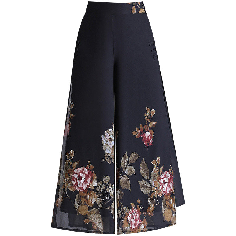 中国风花色雪纺阔腿裤女夏季薄款宽松盘扣显瘦九分裤裙裤,淘宝优惠券,粉丝福利购,淘宝优惠卷