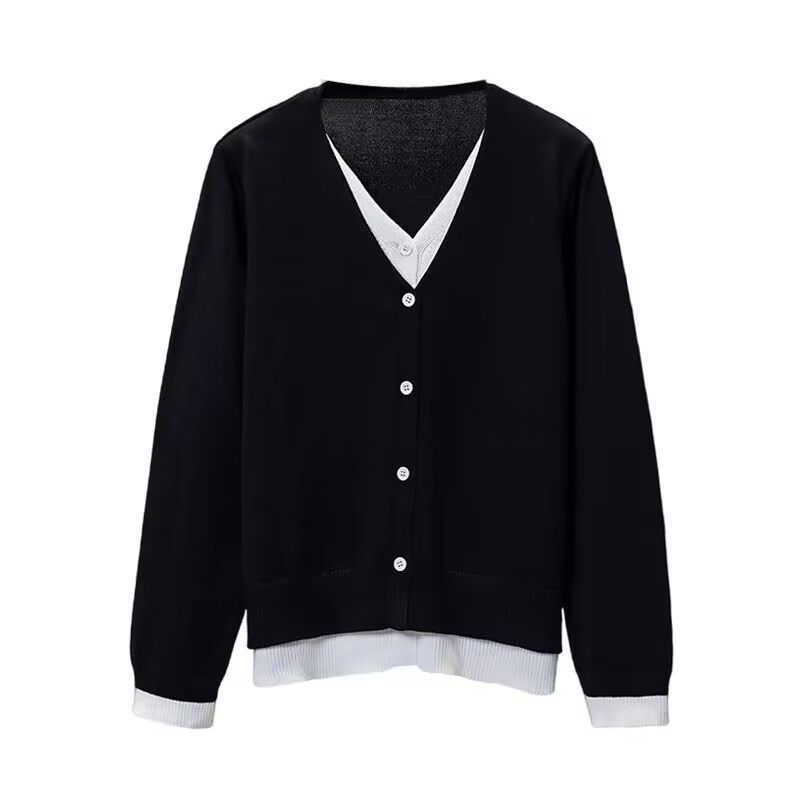 基础百搭拼接假两件开衫女大码胖mm宽松显瘦休闲V领毛衣,淘宝优惠券,粉丝福利购,淘宝优惠卷